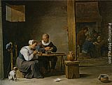 David The Younger Teniers Famous Paintings - A man and woman smoking a pipe seated in an interior with peasants playing cards on a table